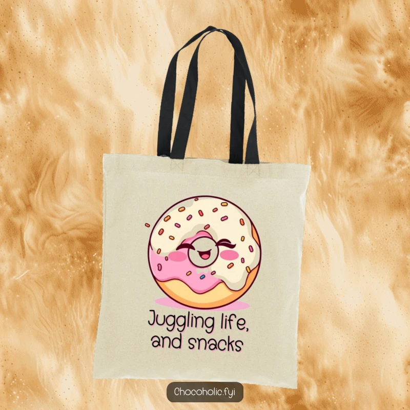 Funny Kawaii donut character winking while juggling sprinkles, featured on a stylish and functional tote bag.