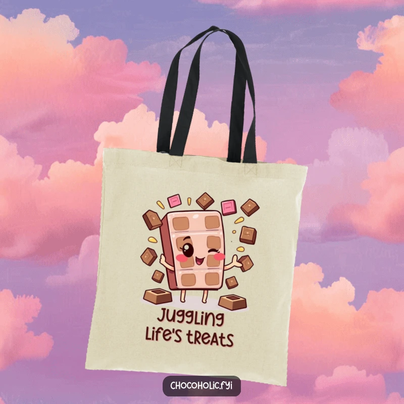 Funny Kawaii Chocolate Wink Tote Bag: A cute chocolate character winking and juggling melting squares, perfect for carrying treats.
