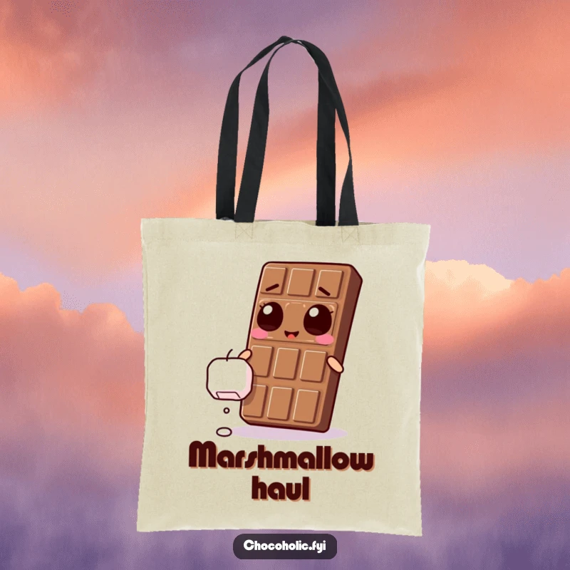 Funny Kawaii chocolate bar with ecstatic eyes, reaching for a falling marshmallow on a practical tote bag.