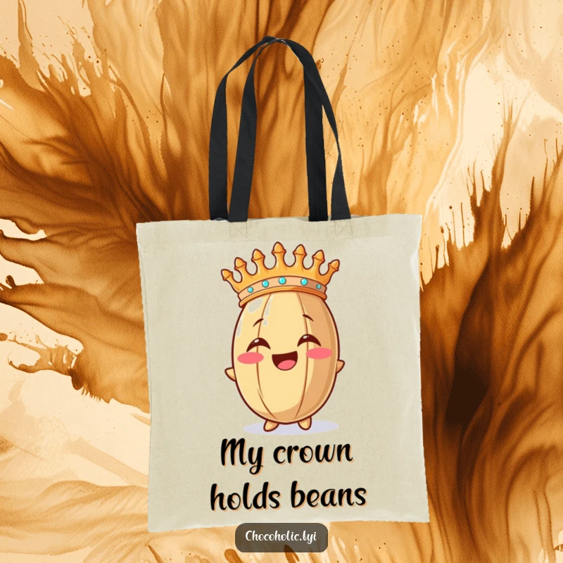 Funny tote bag with a cheerful cocoa bean wearing a crown, ready for any adventure, promoting a happy vibe.