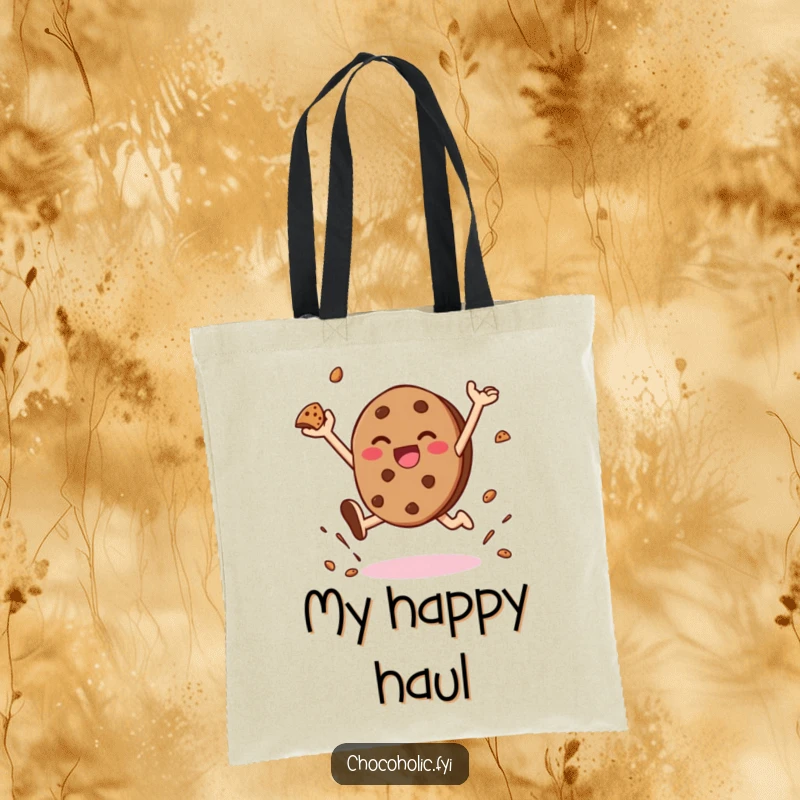 Funny tote bag with a kawaii chocolate cookie character leaping joyfully and throwing crumbs, ideal for carrying treats and happiness.