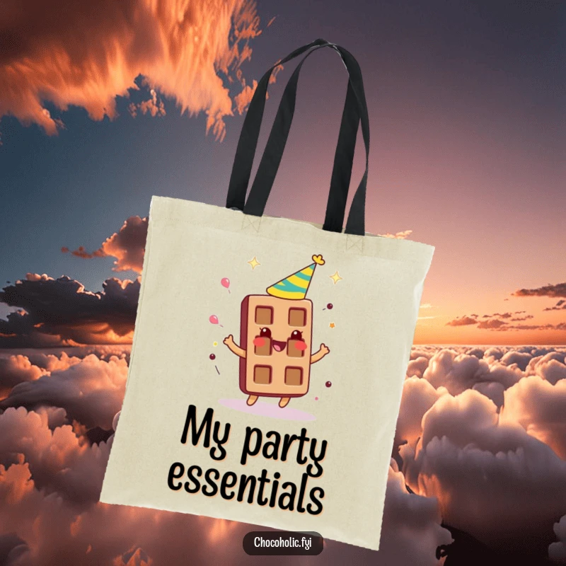 Funny chocolate bar character wearing a party hat, spinning around gleefully on a chic tote bag.