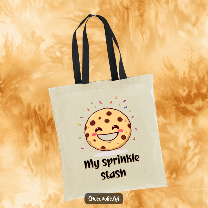 Funny Tote Bag with a wide-grinning chocolate chip cookie juggling colorful sprinkles, adding a pop of fun. Practical and amusing.