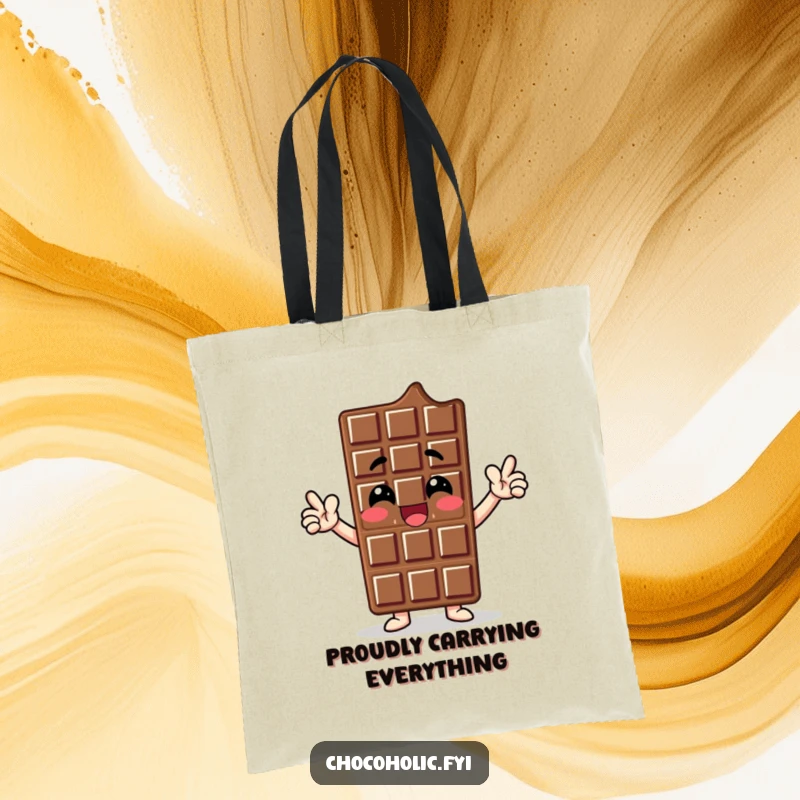 Funny tote bag with a chocolate bar character striking a proud, enthusiastic pose, symbolizing confidence and self-assured sweetness.