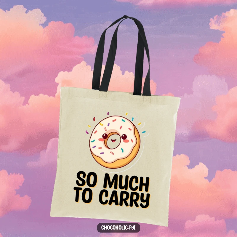 Funny kawaii donut character, spinning with sprinkles flying, on a durable tote bag, expressing pure joy and fun.